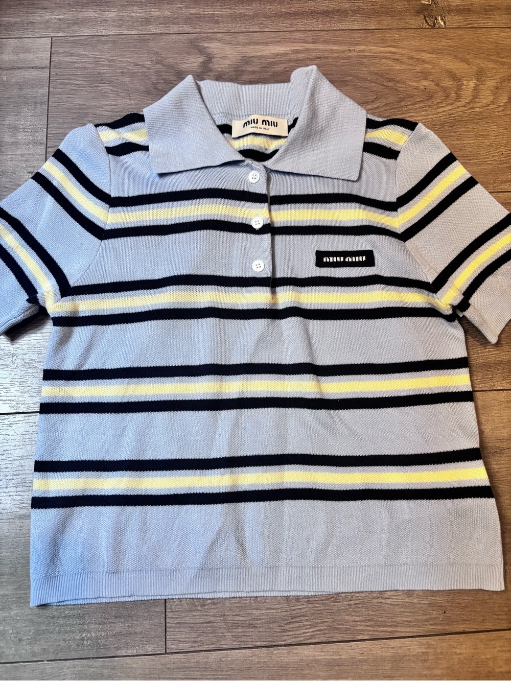 Miu Miu Light Blue Striped Polo with Navy & Yellow Bands